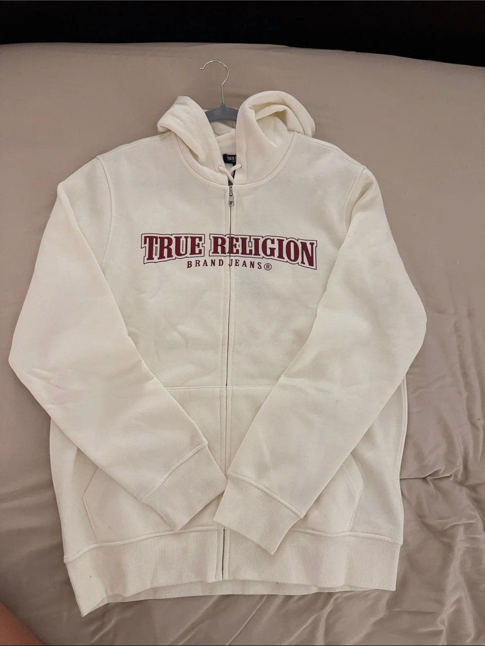 True Religion Winter White Zip-Up Hoodie with Subtle Logo